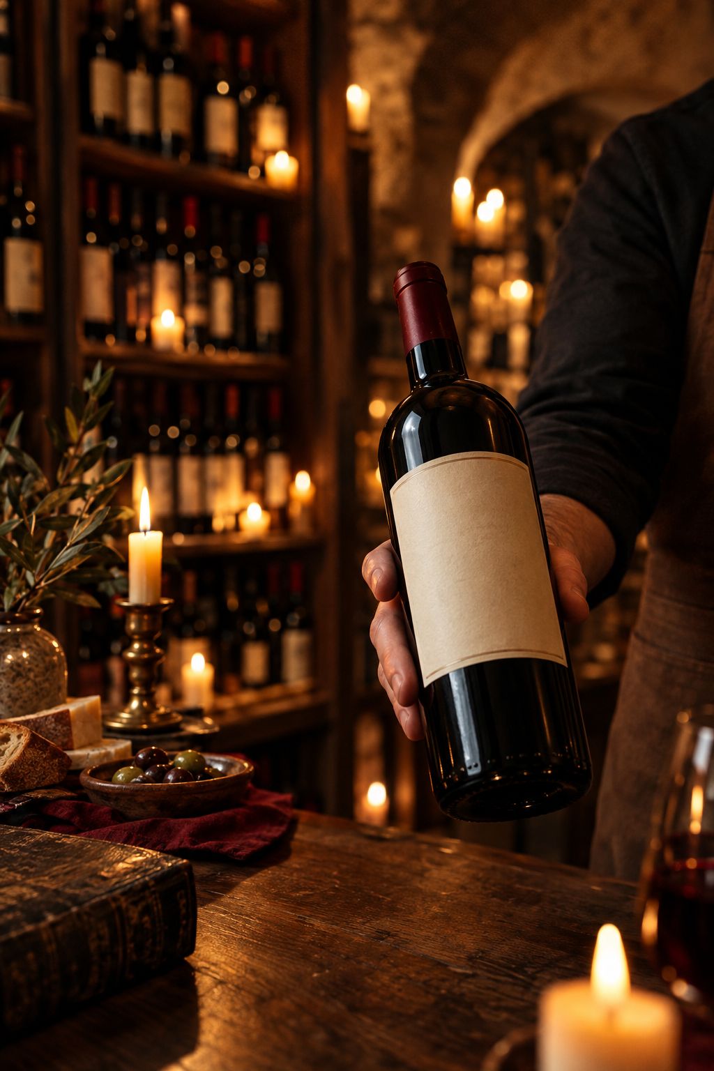 Candlelit tasting counter with a glass of red wine